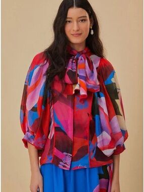 FARM Rio Red Pink Blue Floral Bow-Neck Blouse
